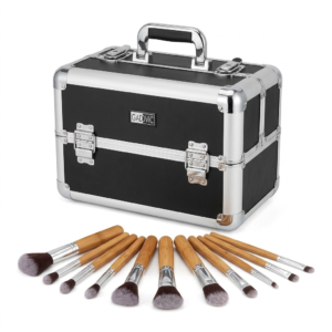 MALETIN NEGRO DE 6 BANDEJAS CON LLAVE Y SET DE PINCELES DE REGALO